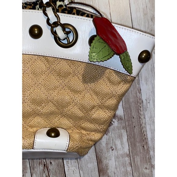 Vintage Betsey Johnson Leather Shoulder Bag Brass Handles Leopard Cheetah - Picture 6 of 15